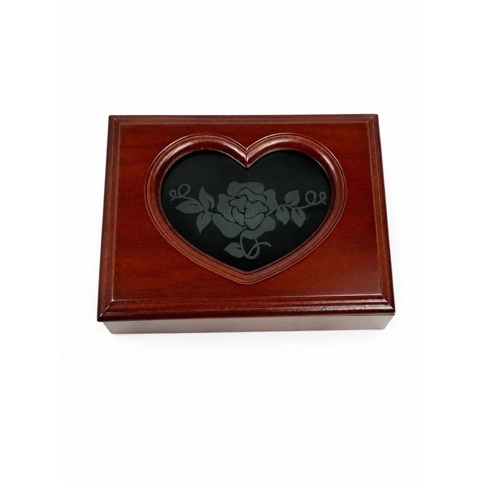 Vintage Style Cherry Wood Jewelry Box Heart Etched Rose Glass Lid Green Velvet